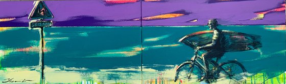 Bright painting - "SURF - 1 km" - Pop art - Surfing - Bike - Seascape - Sunset