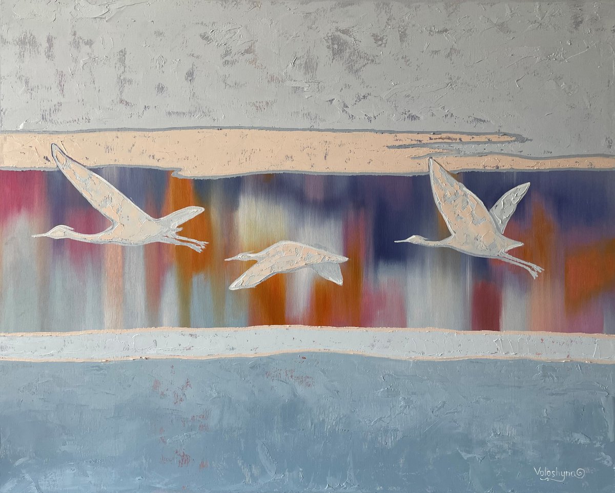 Three birds. Original oil painting. Abstraction by Mary Voloshyna