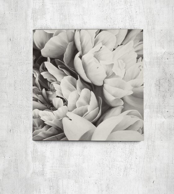 "Peonies bouquet"  White black flower oil art