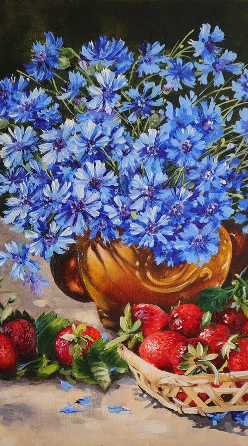 Blue Cornflowers with Strawberries by Natalia Shaykina
