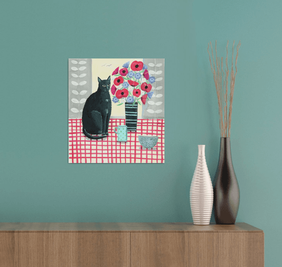 Black Cat with Flowers