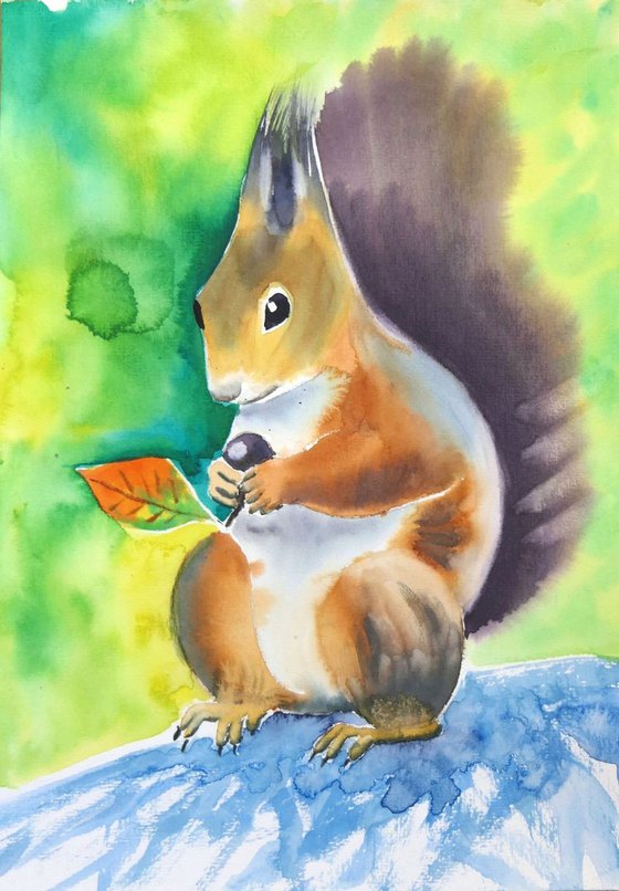 Squirrel Watercolor Painting Cute Animal Artwork