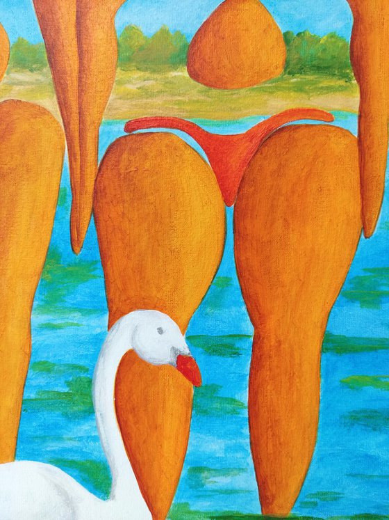 Bathing girlfriens with swan