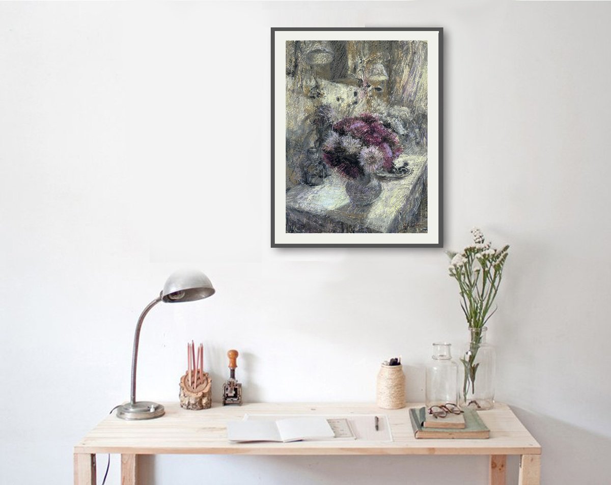 Impressionistic Still Life Painting By Liudmyla Chemodanova, 13 X 19", There Were Asters On The Table That Day, Original Artwork