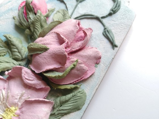 Summer rosehip - light bas-relief with pink dogrose flowers 25x15x3 cm.