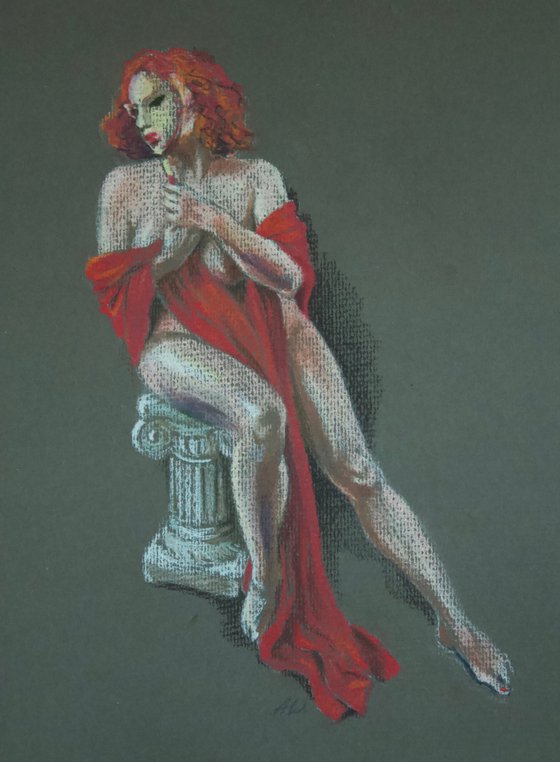 A nude redhead woman in a red drapery holding a mask