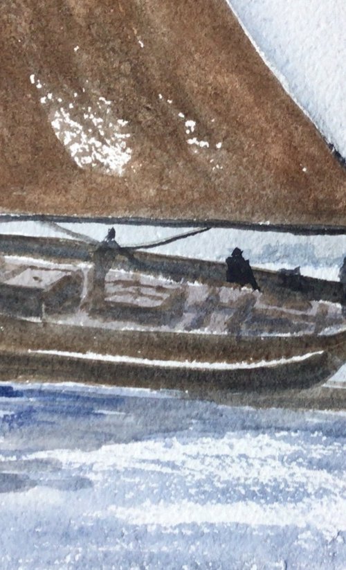 Barge sailing, an action filled watercolour painting. by Julian Lovegrove Art