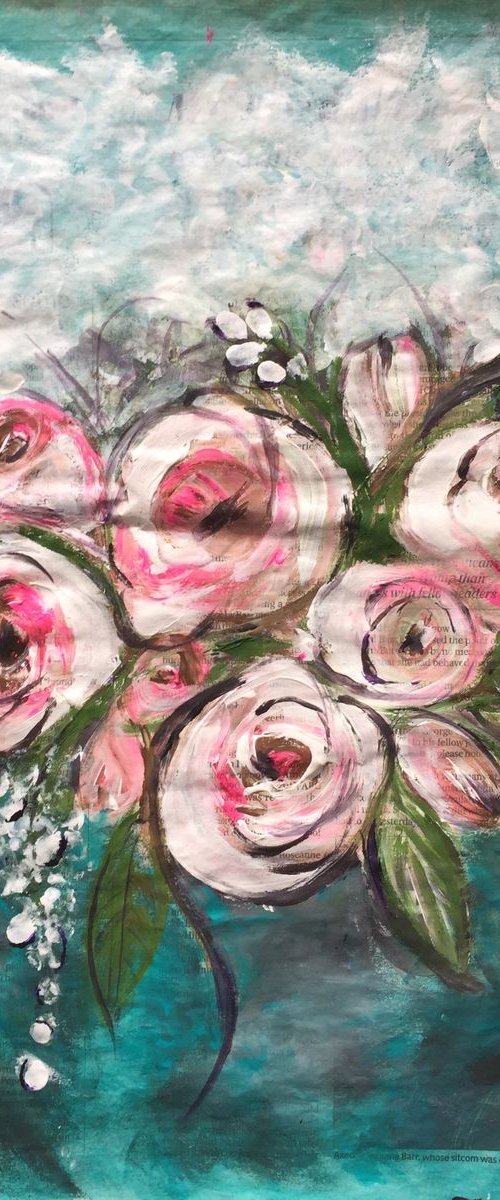Pink Roses II Acrylic on Newspaper Nature Art Flower Painting of Colour Floral Art Still Life 37x29cm Gift Ideas Original Art Modern Art Contemporary Painting Abstract Art For Sale Buy Original Art Free Shipping by Kumi Muttu