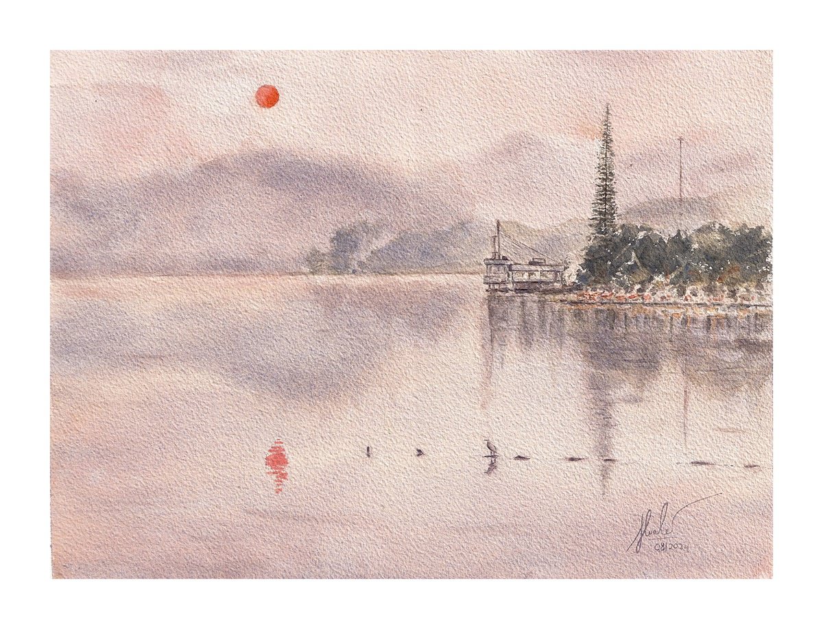 Landscape Watercolour By Hua Le, 15 X 11, Sunrise On Xui?n H??ng Lake, Original Artwork