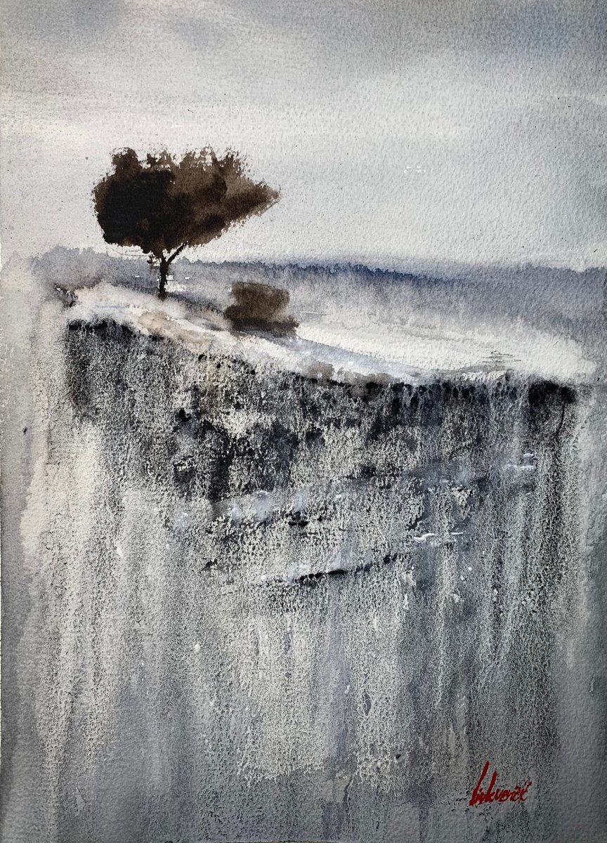 Impressionistic Landscape Watercolour By Tihomir Cirkvencic, 10 X 14", Waterfall View - Tree, Original Artwork