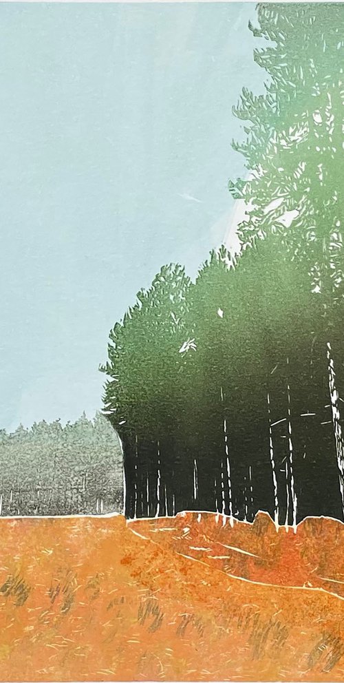 Linocut Print - UFO Trail - Rendlesham by C Staunton