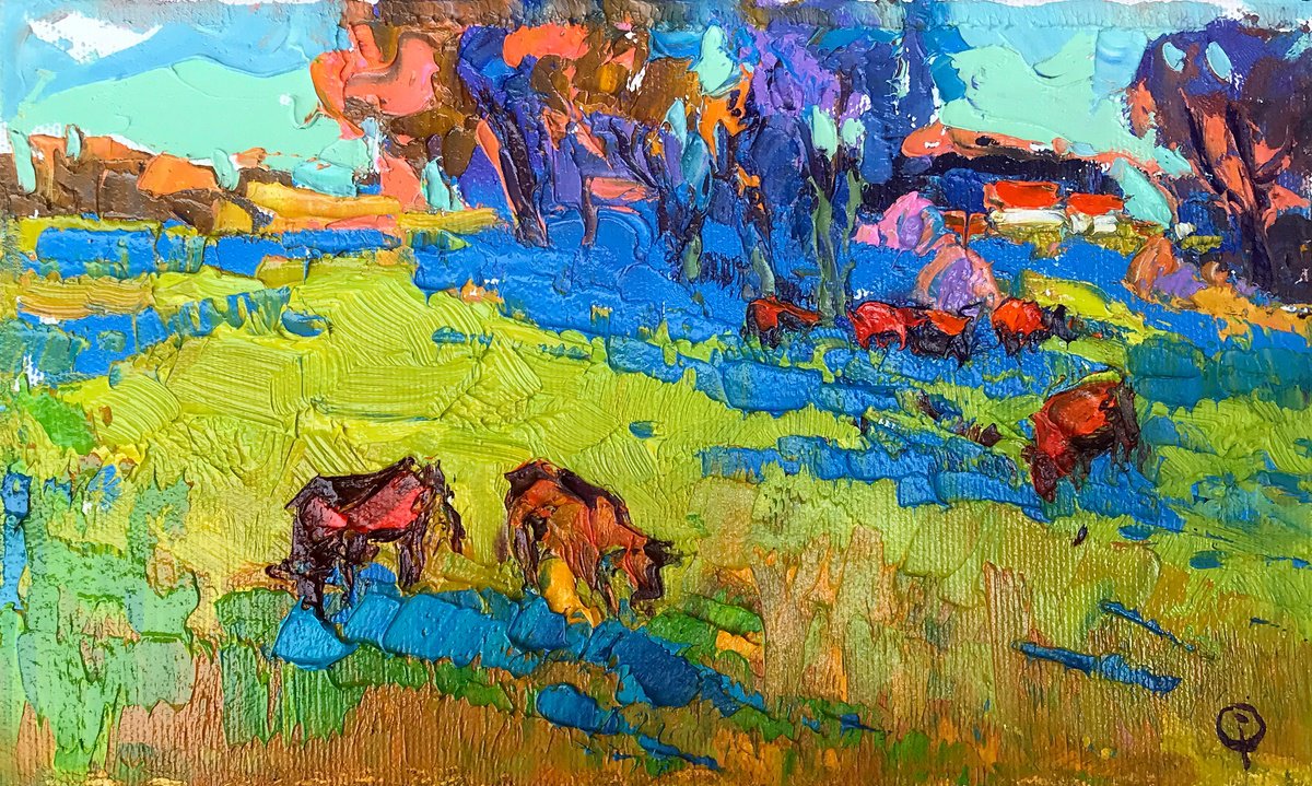 Impressionistic Landscape Oil Painting By Kalenyuk Alex, 10 X 6", Morning Meadows, Original Artwork