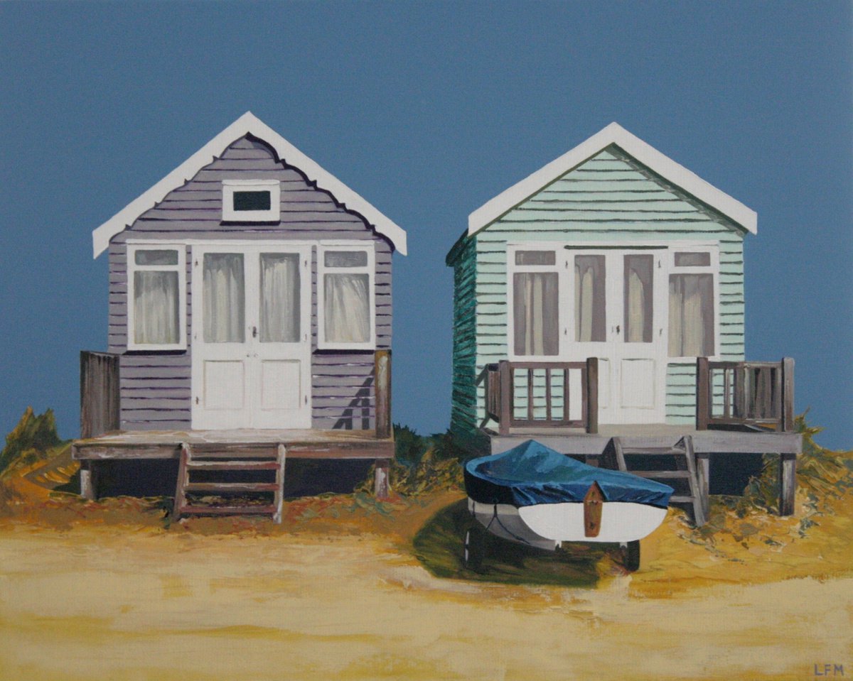 Two Beach Huts and Boat by Linda Monk