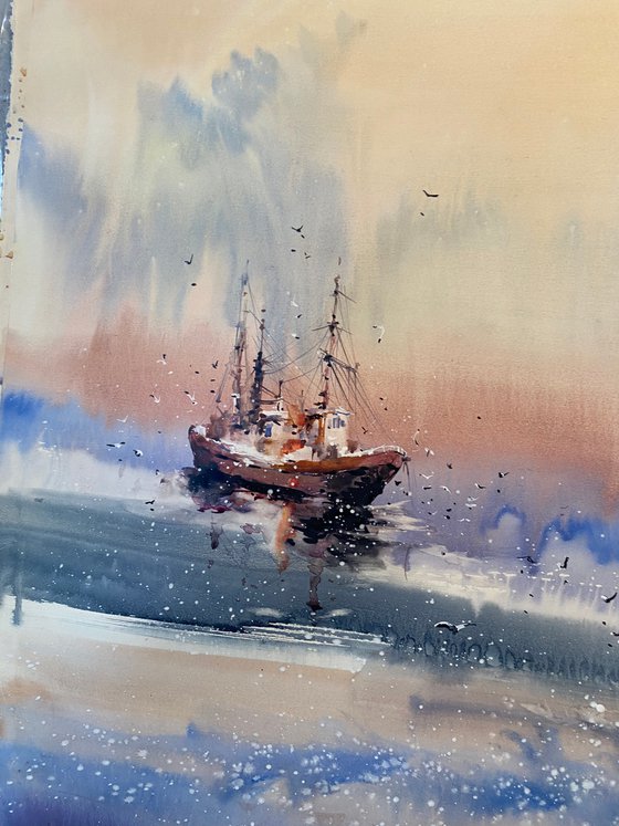 Sold Watercolor "Old boat VI” gift For Him