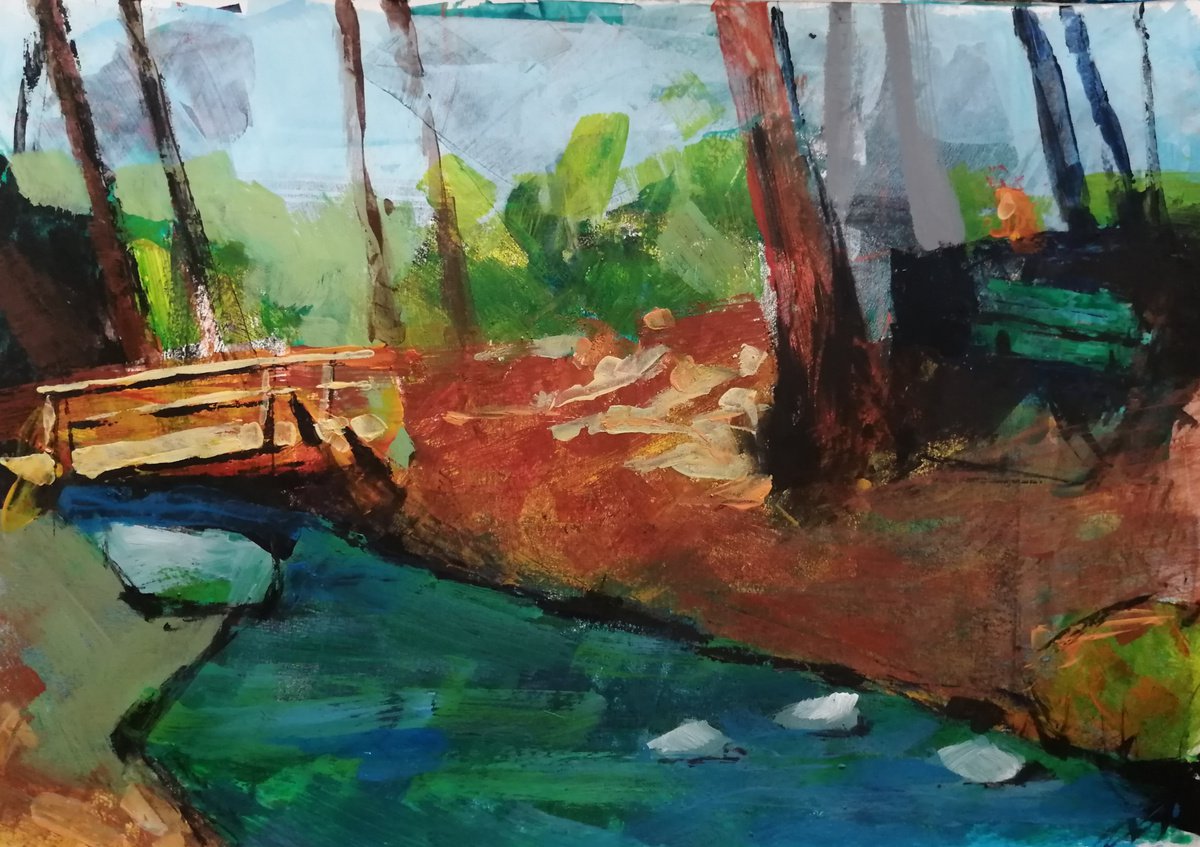 Expressive Landscape Acrylic Painting By Olga David, 17 X 12", Mountain Creek, Original Artwork