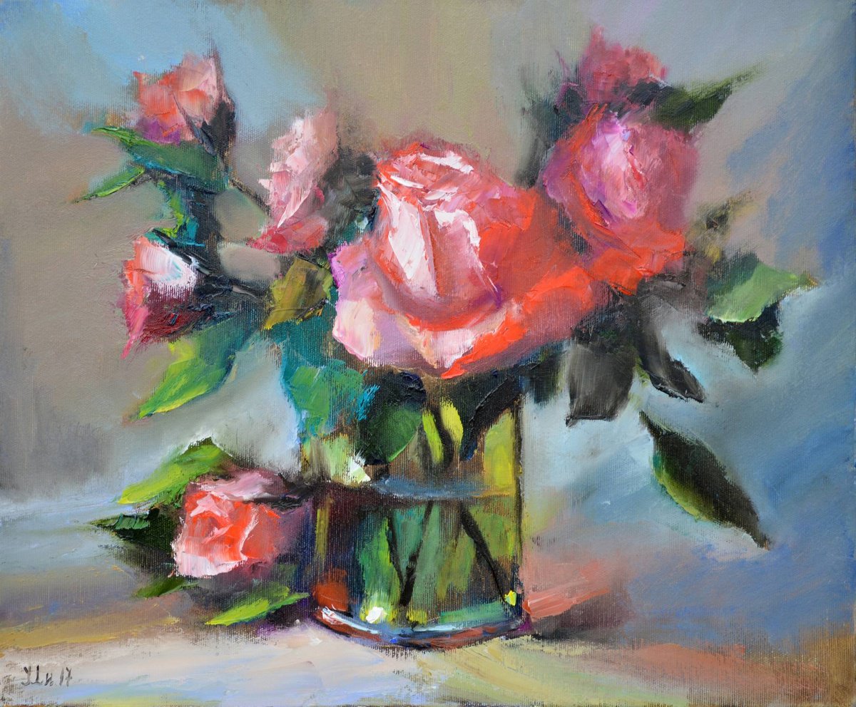 Expressive Still Life Oil Painting By Elena Lukina, 20 X 16, Roses, Original Artwork