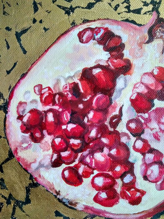 Pomegranate fruit in gold, 20x20 cm. (Ready to hang).