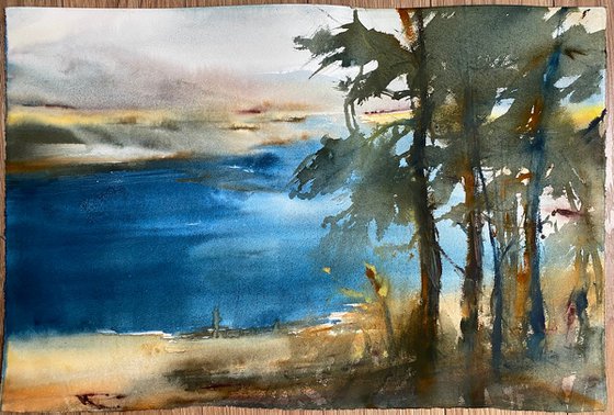 Pines by Aparan reservoir - original watercolor