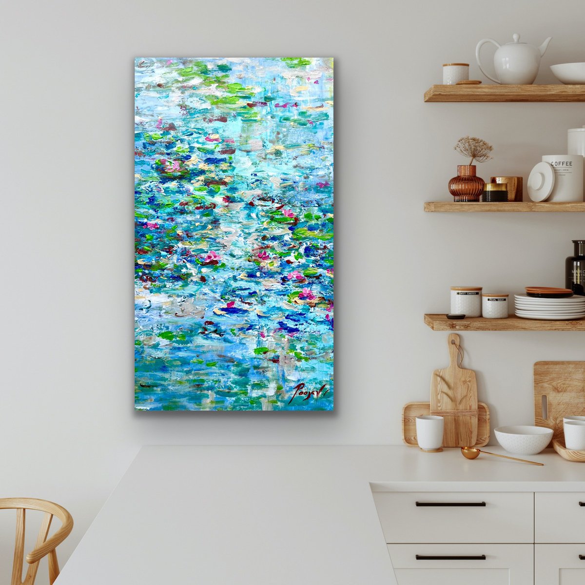 Expressive Abstract Acrylic Painting By Pooja Verma, 14 X 24", Morning Light In The Pond, Original Artwork