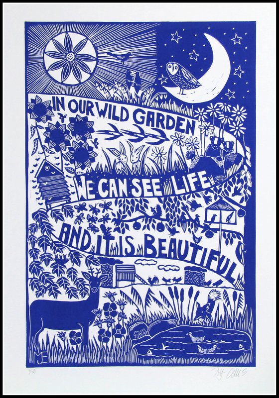 In our wild Garden, XL blue and white linocut