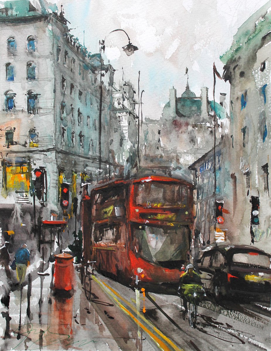 Impressionistic Cityscapes Watercolour By Maximo Damico, 4 X 6", Regent Street, Original Artwork