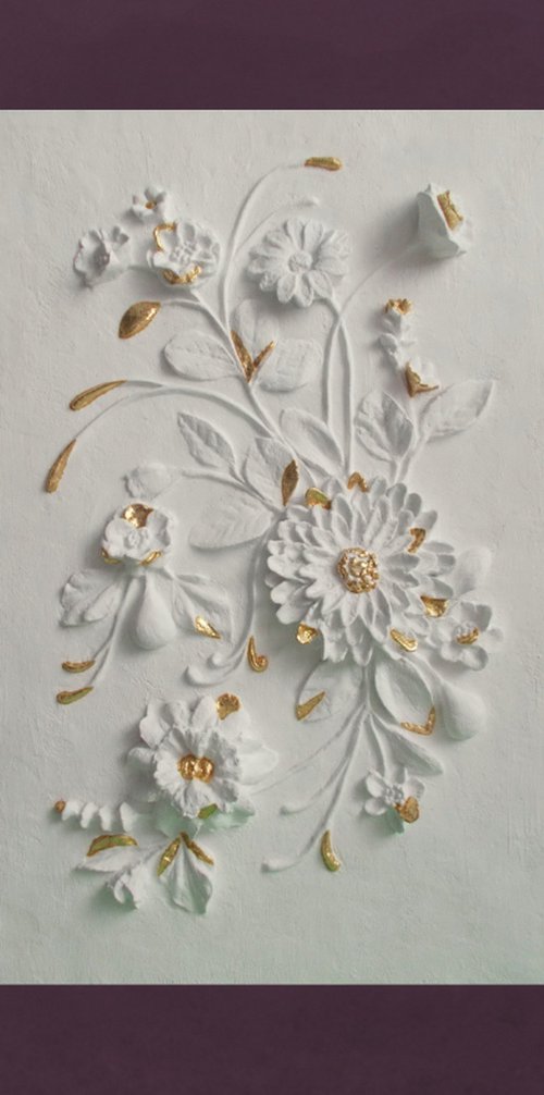 sculptural wall art “Flower Symphony in Gold” by Tatyana Mironova