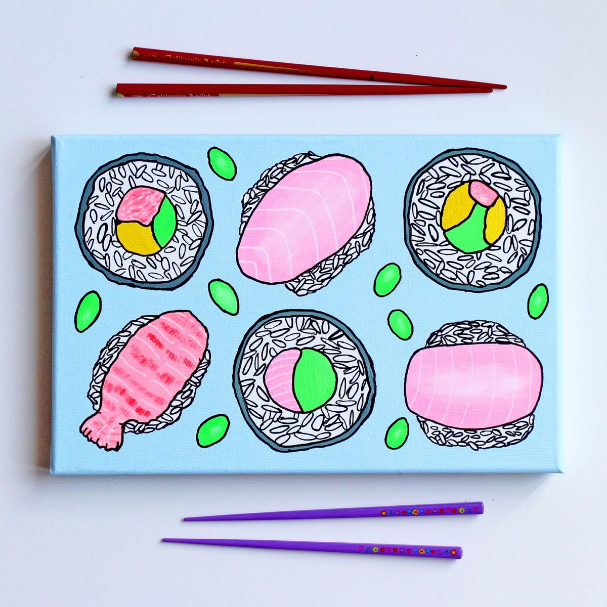 Sushi with Edamame Beans Pop Art Painting on Canvas by Ian Viggars