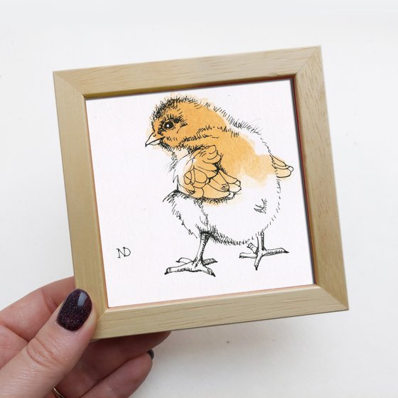 Baby chicken watercolor painting original 4x4, Original Chick bird ink line drawing sketch framed artwork, Small frame art gift