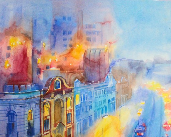 Watercolor evening cityscape