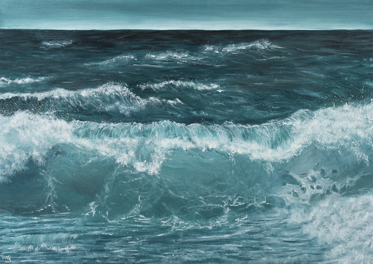 Photorealistic Landscape Oil Painting By Sarah Vms Art, 28 X 20", Ocean Wave, Original Artwork