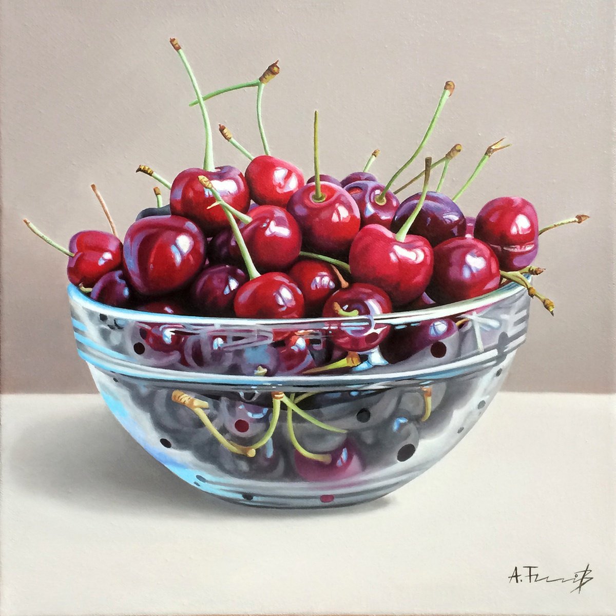Photorealistic Still Life Oil Painting By Alexander Titorenkov, 16 X 16, Cherries In A Glass Bowl, Original Artwork
