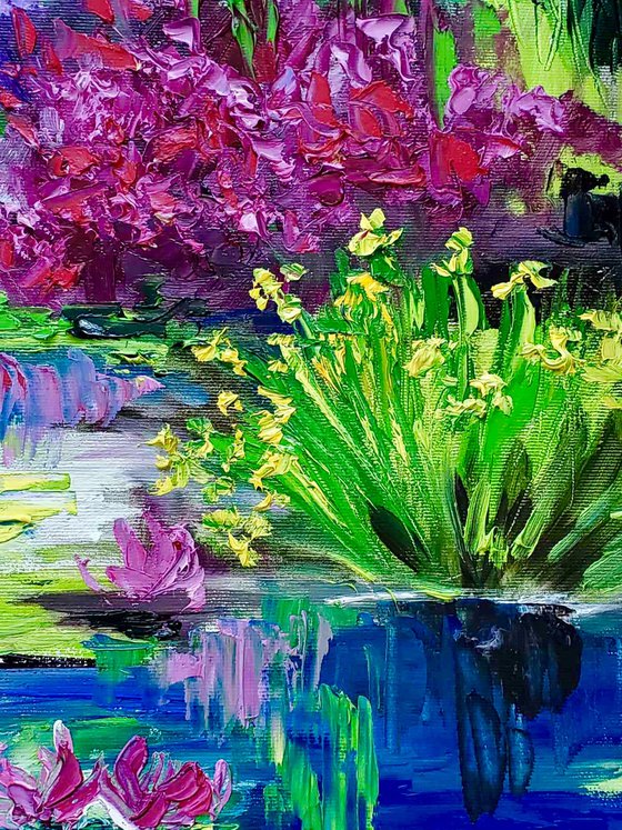 Giverny, garden of Claude Monet in summer bloom, water lilies, irises Oil  painting by Olga Koval
