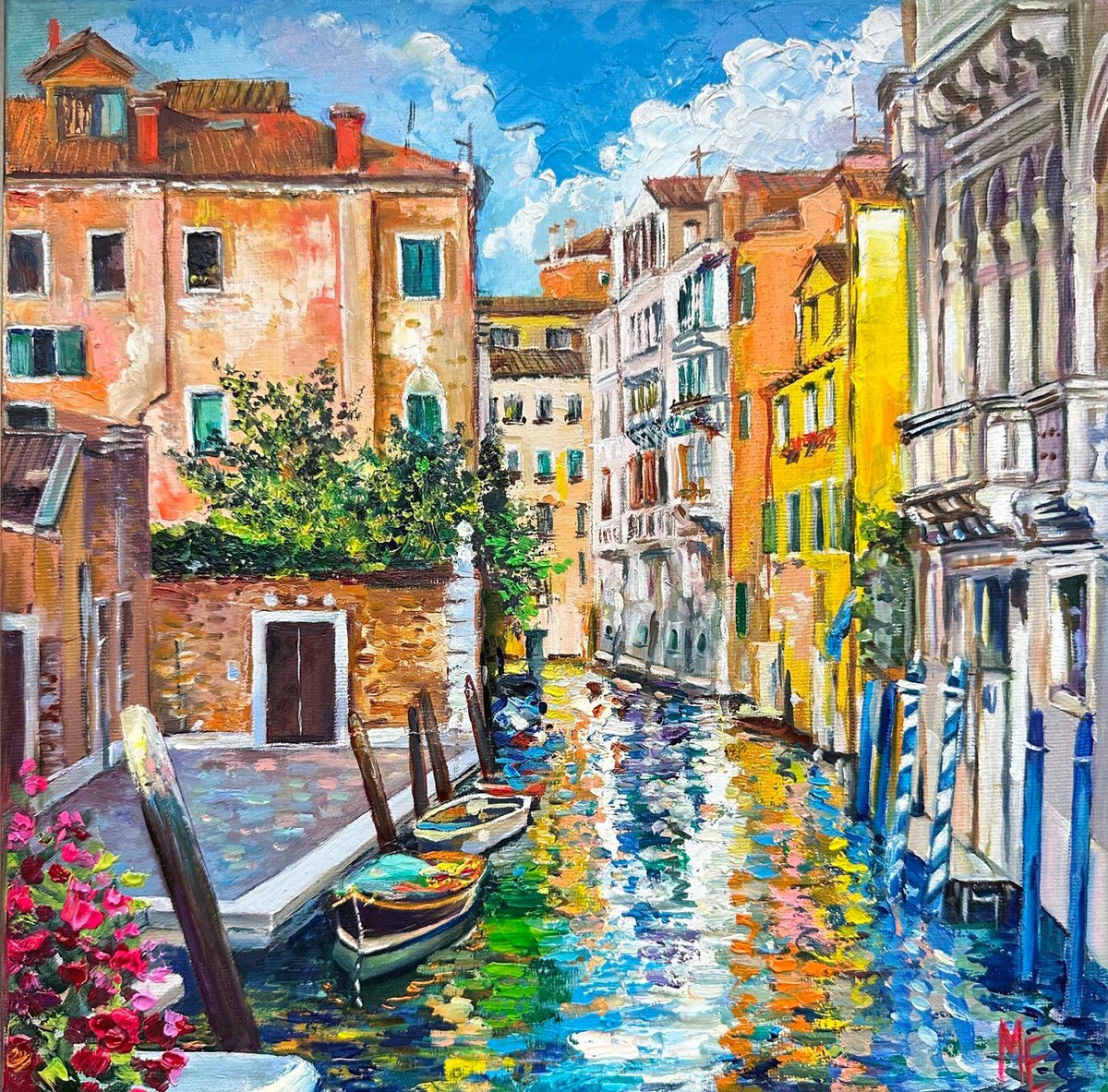 Impressionistic Cityscapes Oil Painting By Olena Hontar, 12 X 12", Whispers Of Venice, Original Artwork