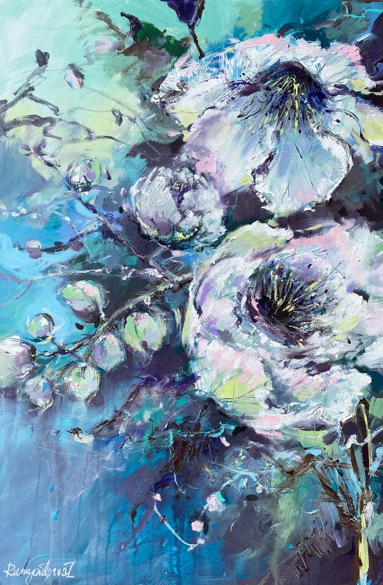 Abstract Botanical Acrylic Painting By Irina Rumyantseva, 24 X 35, Flowers In The Midday Sun, Original Artwork