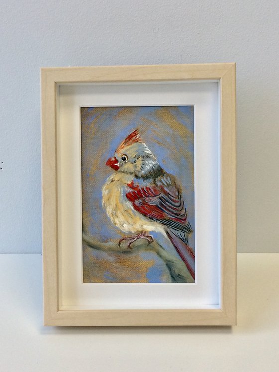 Bird portrait of a cardinal female - Framed shelf painting - Gift idea for bird lover