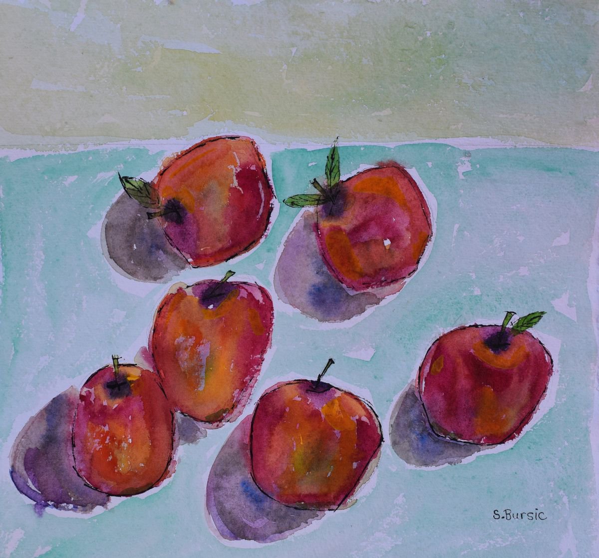 Red Apples on Hand Made Paper Watercolour & Indian Ink by Sharyn Bursic