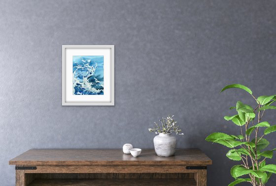 Sea waves on the coast. Original watercolor artwork.