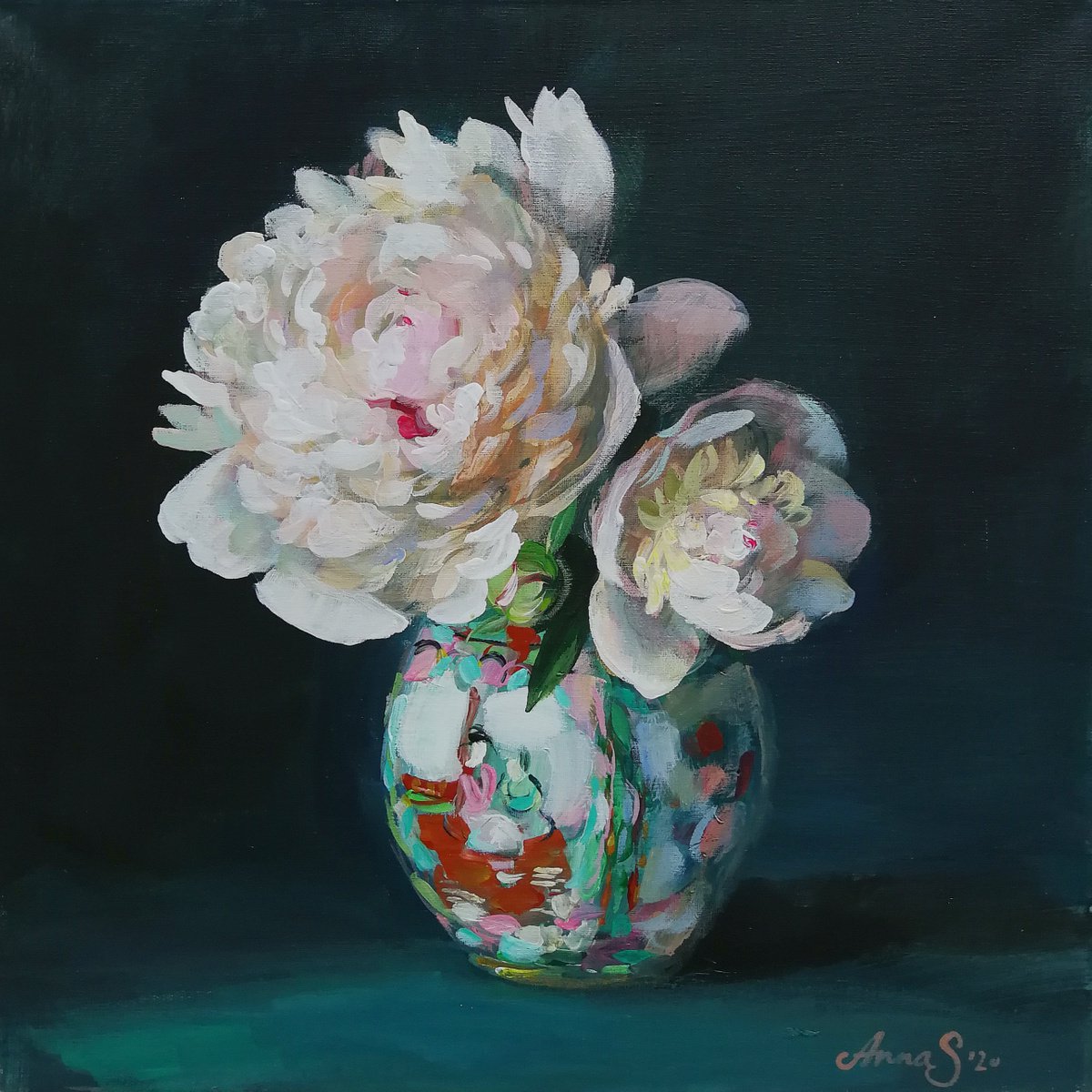 -Two peonies in Chinese vase -? by Anna Silabrama