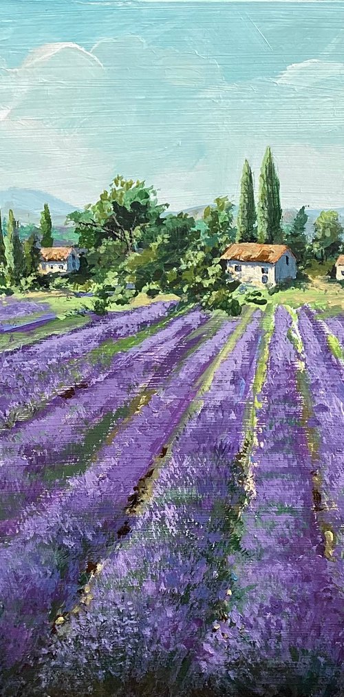 Lavender field. Acrylic painting. Original art. Provence landscape. Flower landscape. by Tetiana Vysochynska