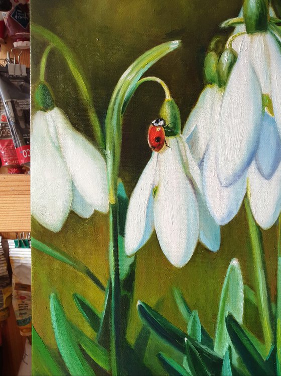 "Guest."  flower snowdrops ladybug  liGHt original painting  GIFT (2020)