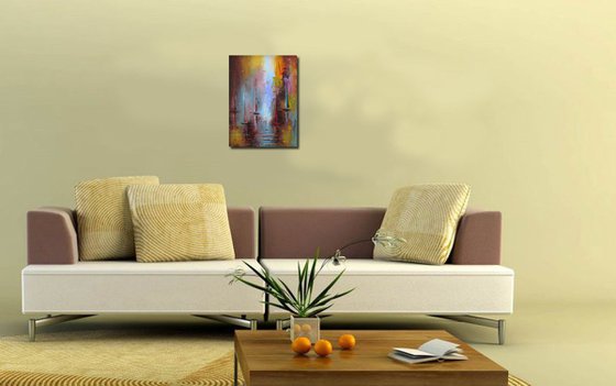 Summer breeze, modern abstract sailboats, oil painting, free shipping