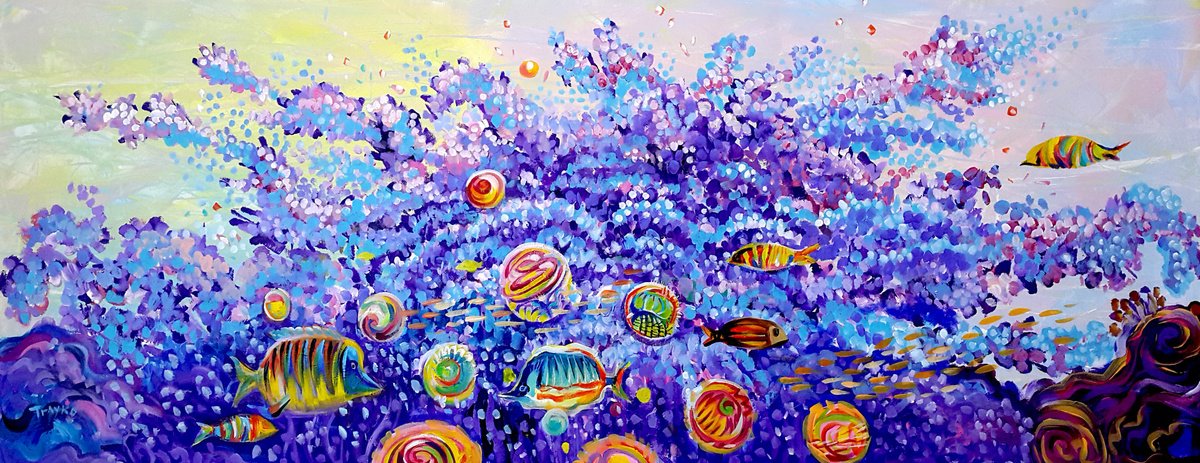 Expressive Landscape Acrylic Painting By Trayko Popov, 67 X 28", Underwater, Original Artwork