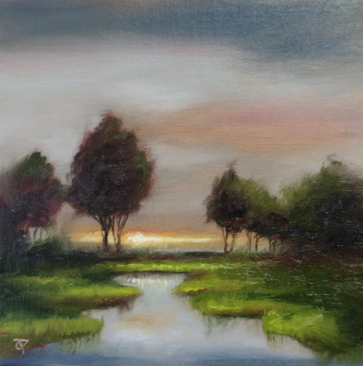 Impressionistic Landscape Oil Painting By Jane Palmer Art, 11 X 11, Sunset Trees, Original Artwork