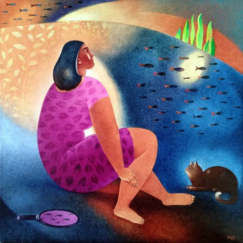 Girl and cat by Raji Pavithran