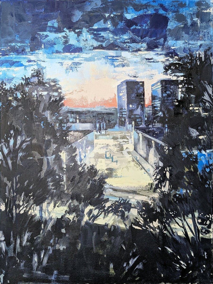 Urban And Pop Landscape Oil Painting By Alexander Mikhaylov, 24 X 31, The View From The Balcony, Original Artwork