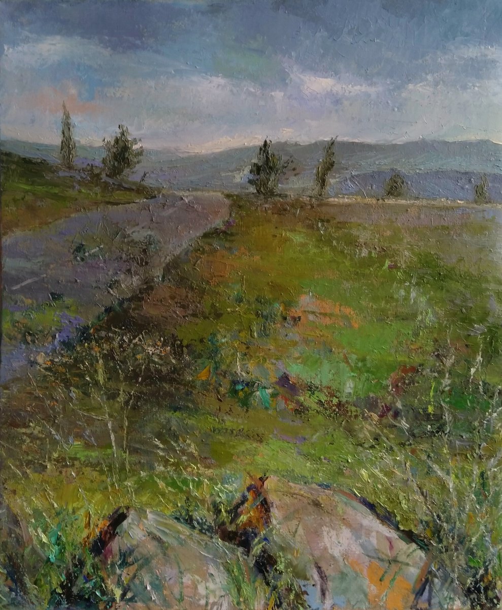 Impressionistic Landscape Oil Painting By Kamsar Ohanyan, 20 X 24", Spring In The Village, Original Artwork