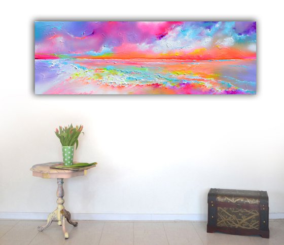 New Horizon 148 - 120x40 cm, Colourful Painting, Colourful Sunset Painting, Impressionistic Colorful Painting, Large Modern Ready to Hang Abstract Landscape, Pink Sunset, Sunrise, Ocean Shore