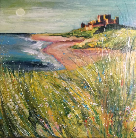 Bamburgh castle in blues and greens