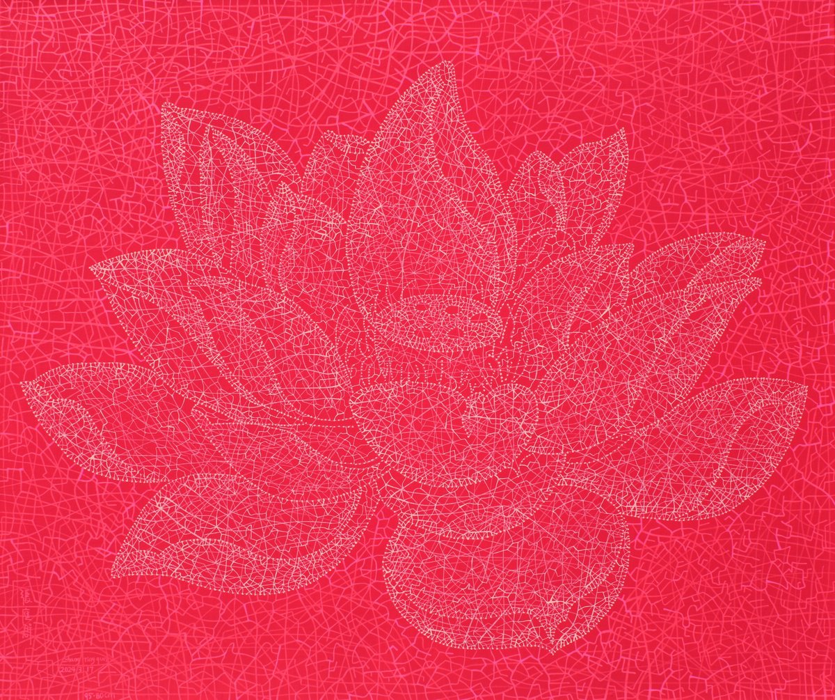 Graphic Botanical Acrylic Painting By Tingqun Zhang, 39 X 31", Lotus, Original Artwork