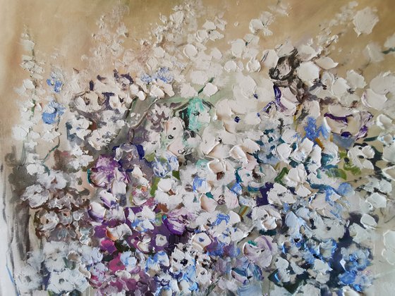 Tender flowers large abstract painting with a rich textured surface